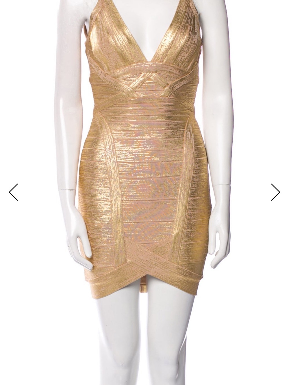 Herve Leger Metallic Gold Plunge V-Neck Bandage Mini Dress